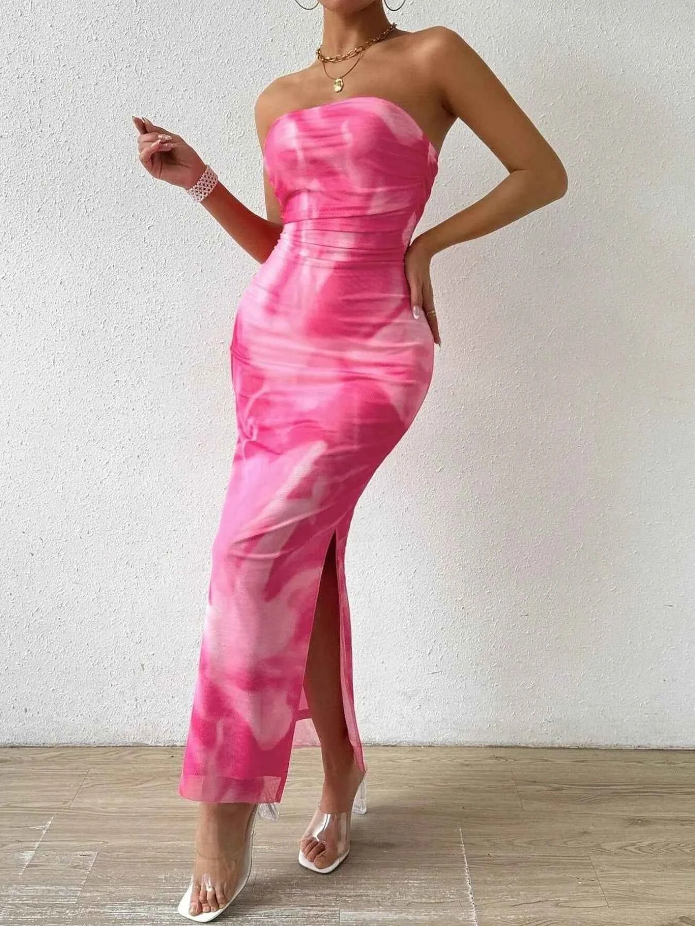 Printed Side Slit Tube Dress Rose Red 0288f412-ceb7-483c-866c-c94ddef05cd9-Max-Origin