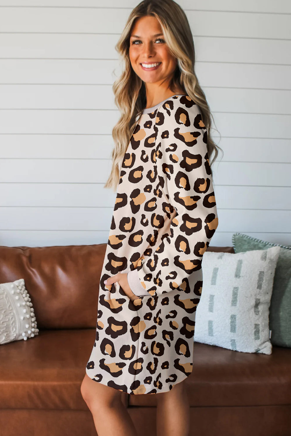 Khaki Leopard Long Sleeve Shift T Shirt Dress with Pockets 02893e2239fcfafe