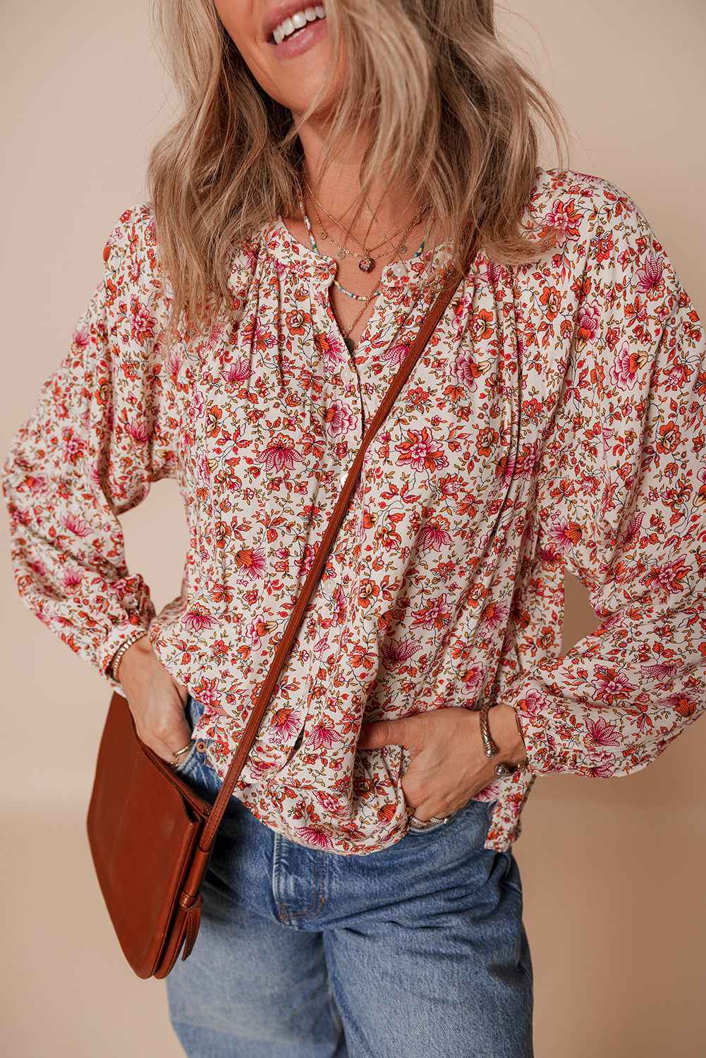 Red Floral Print Pleated Detail Notched Neck Puff Sleeve Blouse 0289a2c3cd7f5aa8