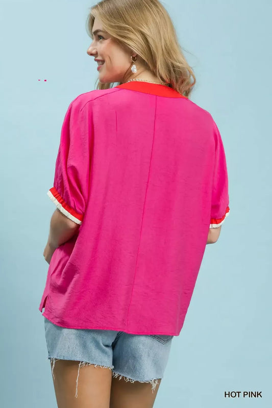 Embroidered Floral V-Neck Short Sleeve Blouse with Contrast Trim 028b0d1f-6c4d-4e1a-8afc-d4ff20c6fc5a-Max-Origin