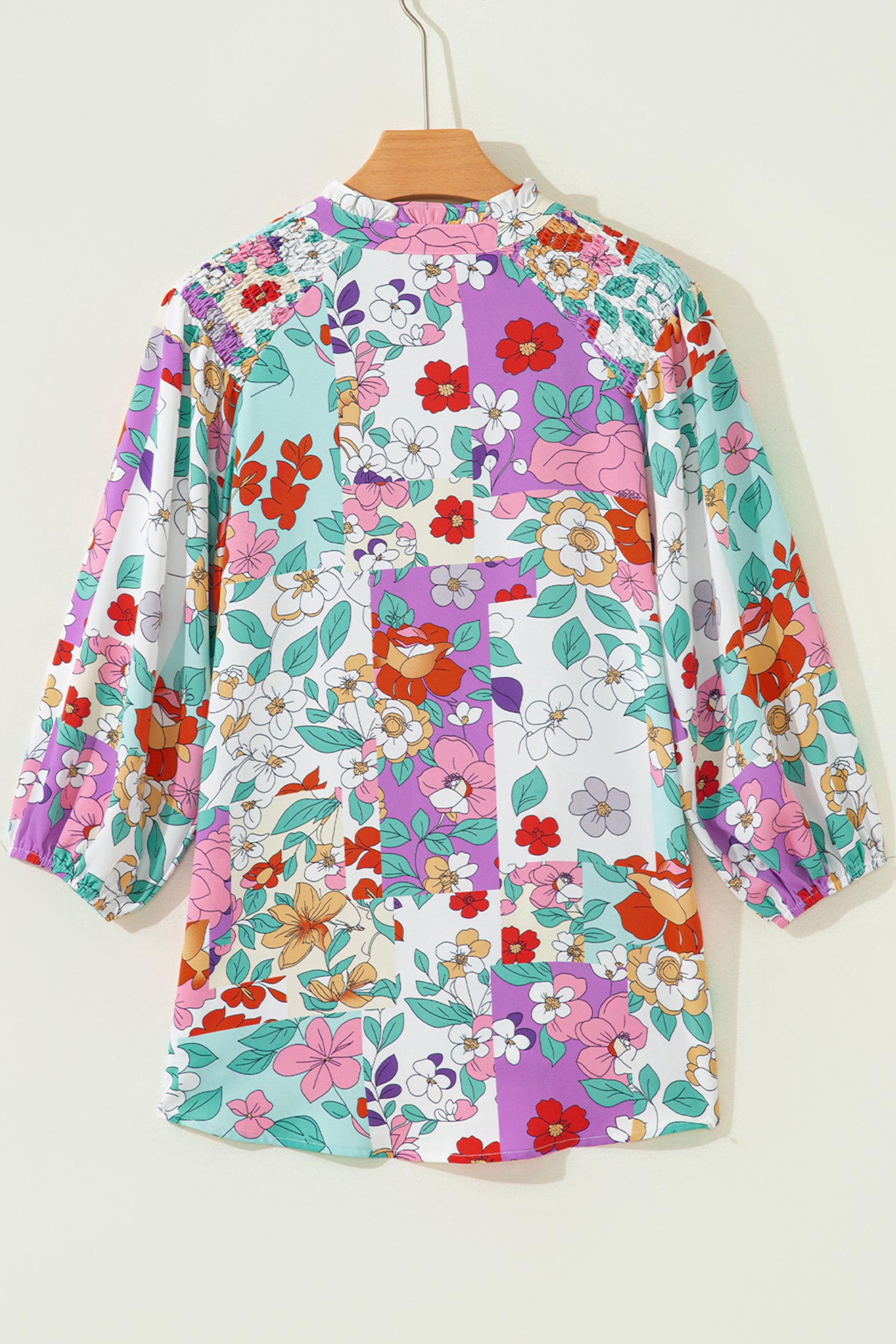 Pink Floral Print Patchwork Frilly Neckline Long Sleeve Shirt 028bc7c764f7d68a