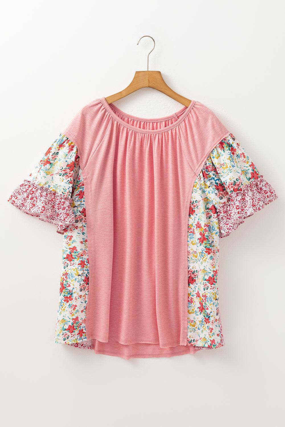 Pink Plus Size Floral Patchwork Ruffle Short Sleeve Blouse 028c90254d902a69