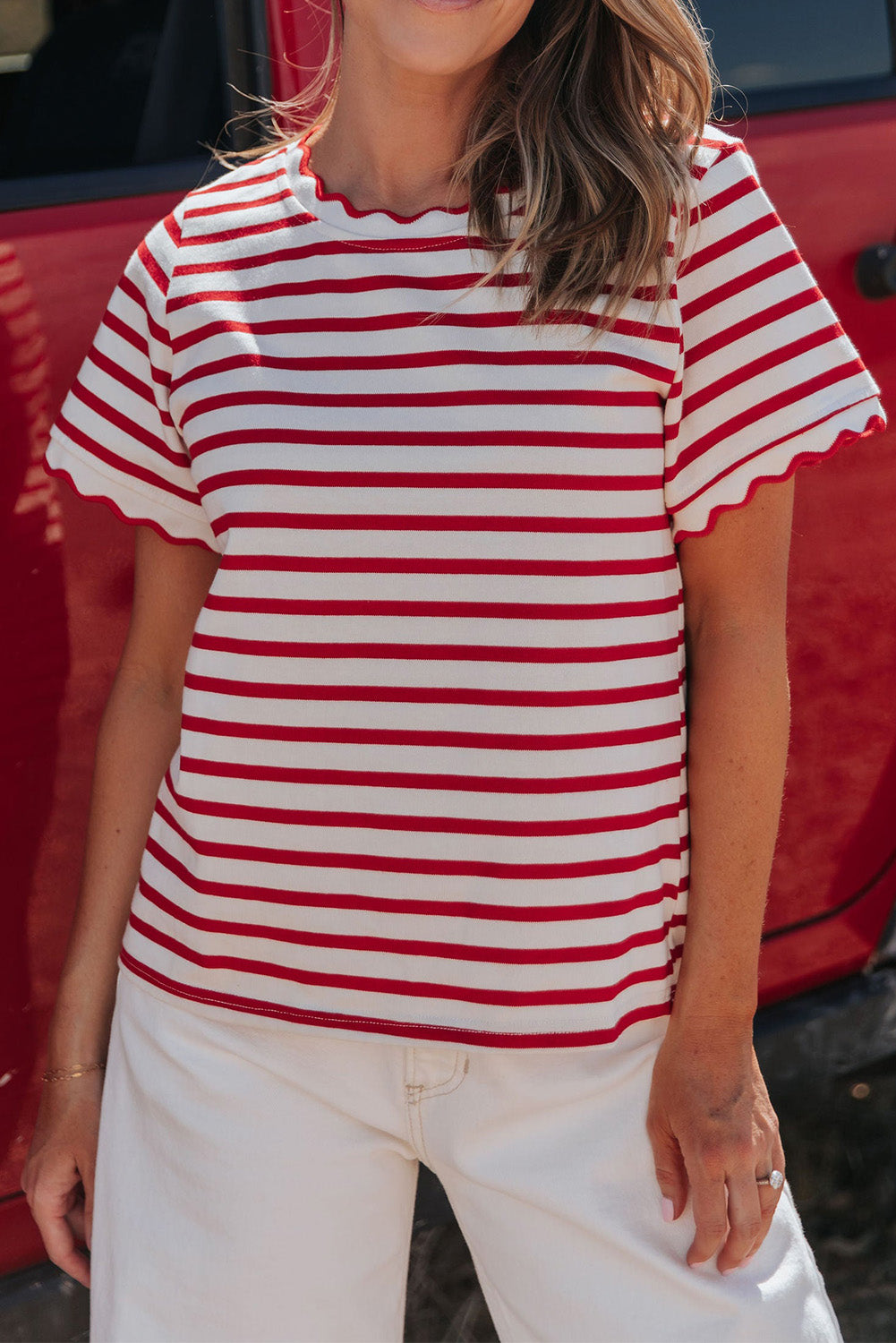Red Stripe Scalloped Trim Round Neck T Shirt 028e4fd151274e47