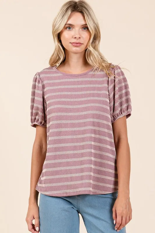 Contrast Striped Short Puff Sleeve Knit Top 02906747-a900-4a46-9979-96a9bc39be3b-Max