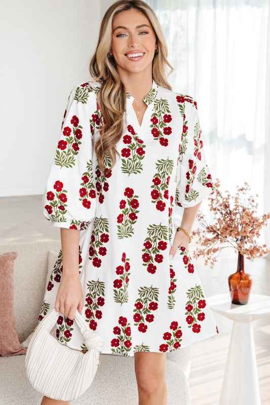 Floral V-Neck 3/4 Puff Sleeve Mini Dress White 02918cc1-1551-41ed-a399-bc92f349e508