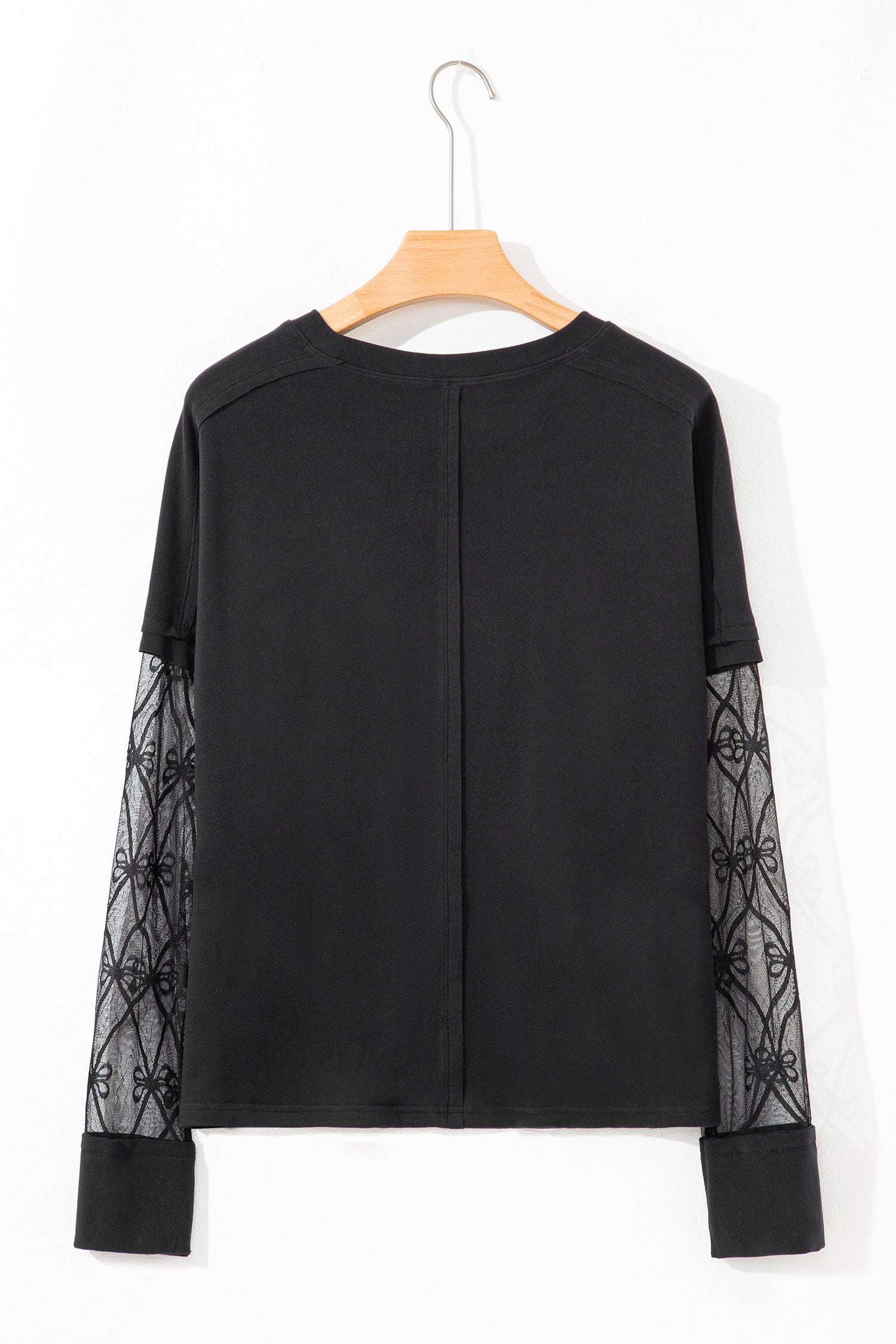 Black Solid Color Bow Textured Patchwork Long Sleeve Tee 02923d78be803fb2