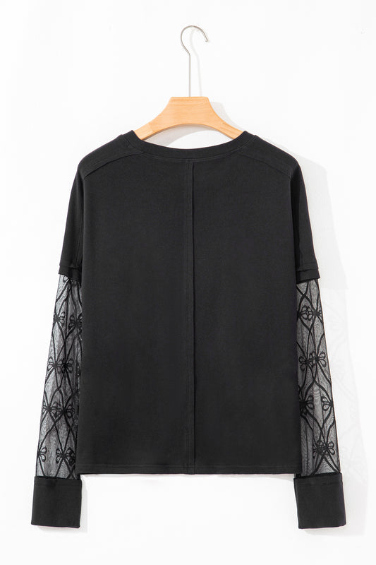 Black Solid Color Bow Textured Patchwork Long Sleeve Tee 02923d78be803fb2