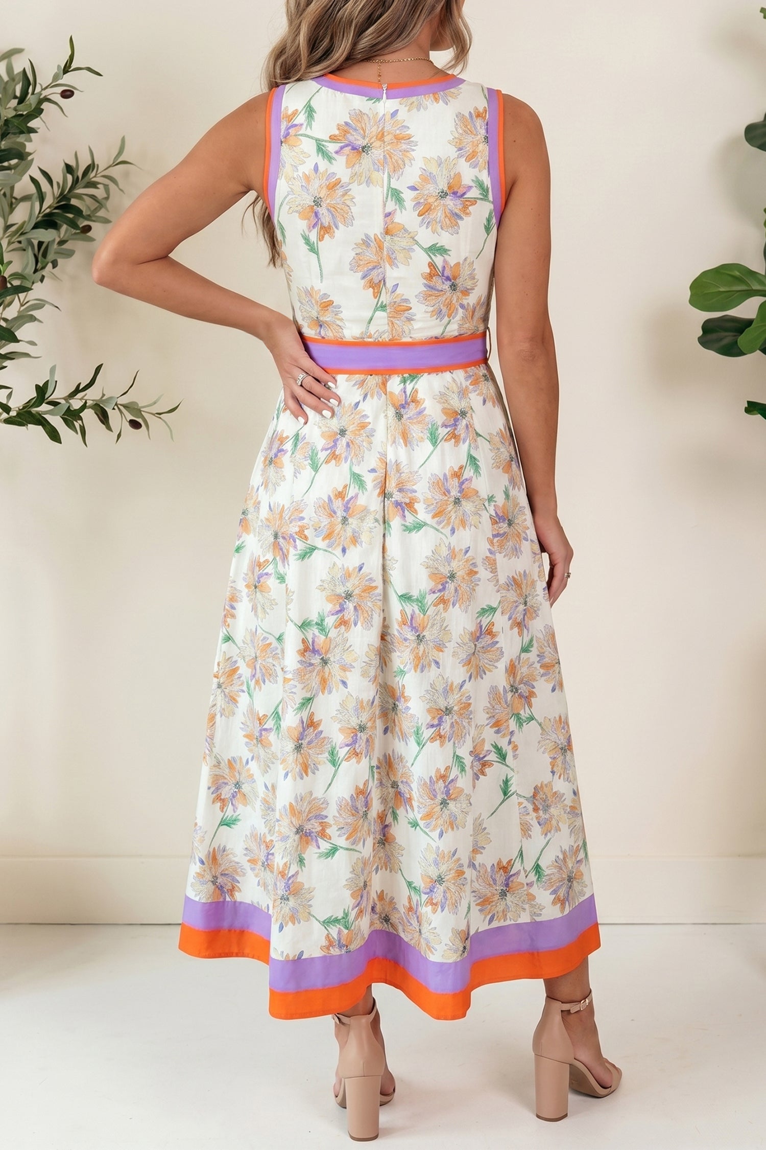 White Floral Print Color Block Trim Belted Sleeveless Maxi Dress 02926c1fe7810a6f