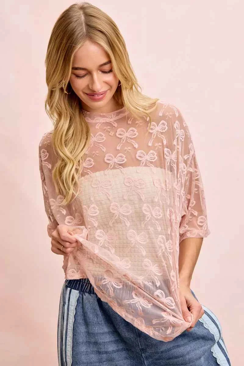 BiBi Bow Pattern Short Sleeves Boxy Mesh Top DUSTY ROSE 029428eee837434a991e7d845e322b7f-Max-Origin