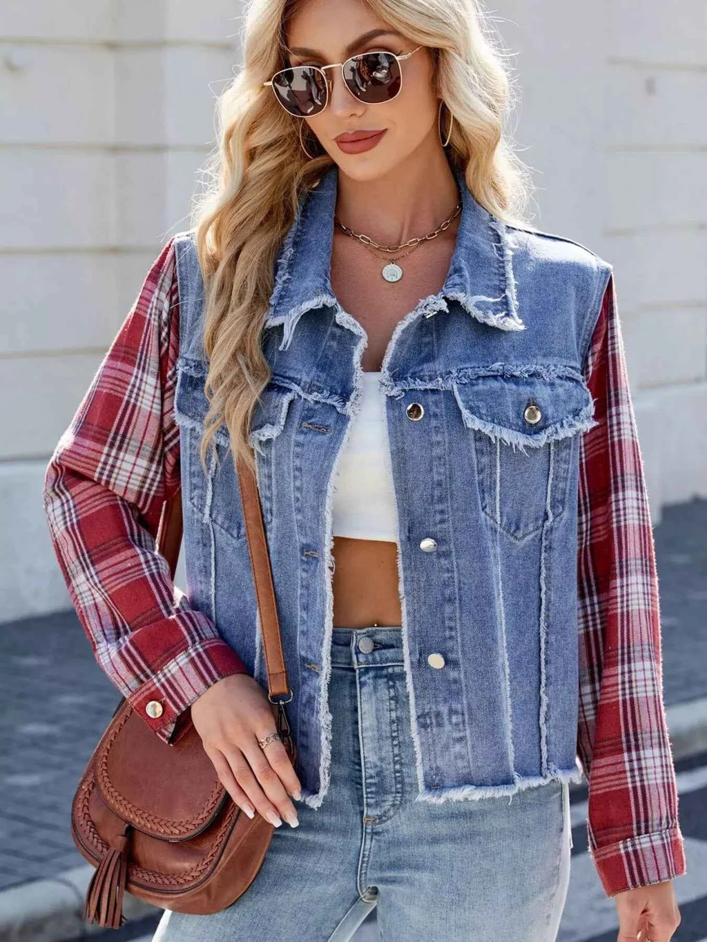 Raw Hem Plaid Sleeve Denim Jacket 02946778ac0d4d989a35f40a803d11ed-Max-Origin