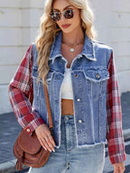 Raw Hem Plaid Sleeve Denim Jacket 02946778ac0d4d989a35f40a803d11ed-Max-Origin