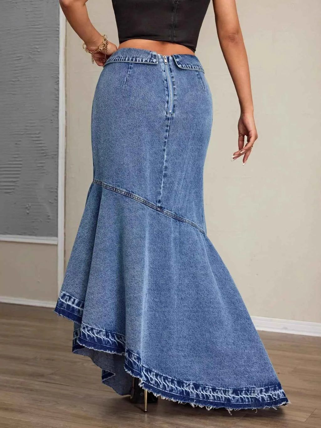 High-Waist Asymmetrical Slit Denim Maxi Mermaid Skirt 0299a748a9d54af5a3b7017af7d5ebee-Max-Origin