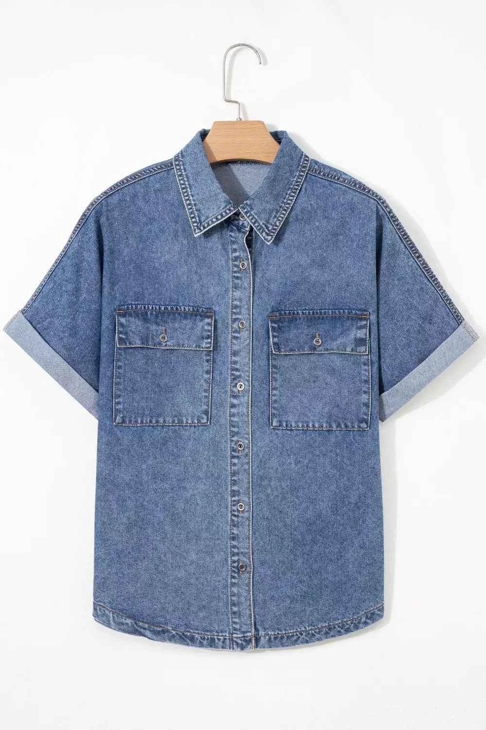 Button Flap Pocket Cuffed Short Sleeve Denim Shacket