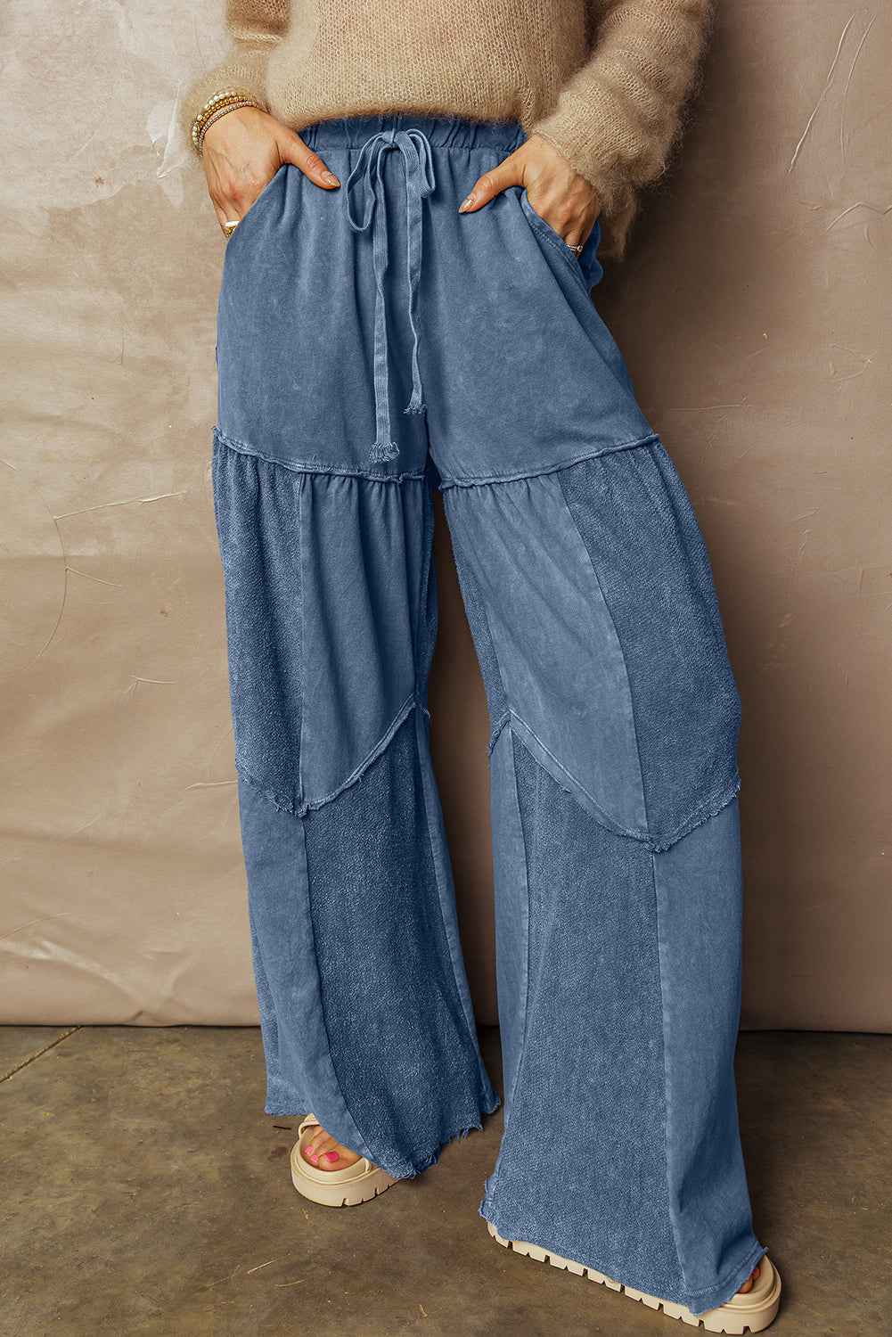 Ashleigh Blue Careys Mineral Wash Tiered Wide Leg Patchwork Drawstring Pants Ashleigh Blue 85%Cotton+15%Polyester 029ab8ffa937be97