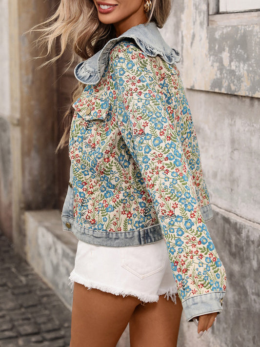 New Women's Jacquard Long-sleeved Ruffled Peter Pan Collar Single-breasted Short Denim Jacket, Stylish And Versatile, Suitable For Everyday Wear. 029ed3ac-916f-4b47-9f8e-d57ff2cb5b44