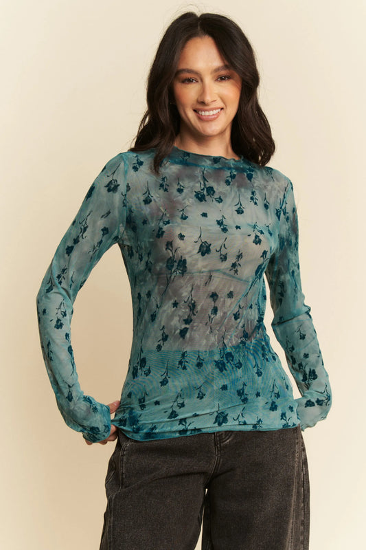 Davi & Dani Floral Mesh Long Sleeve Sheer Layering Top TEAL