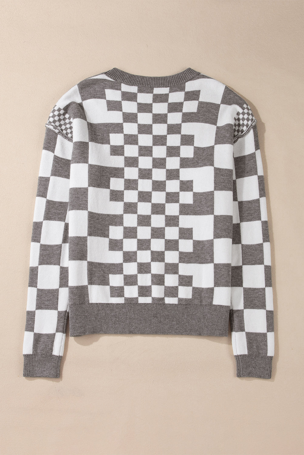 Black Checkered Drop Shoulder Round Neck Sweater 02a514693e9fbf1b