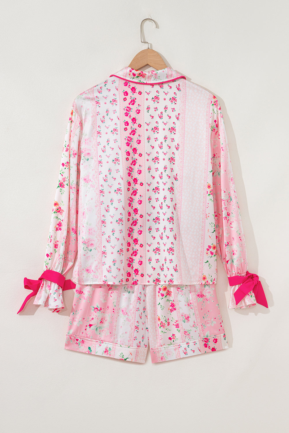 Pink Mixed Floral Print Contrast Piping Trim Satin Tie Pajama Set 02a57c94cda4b096