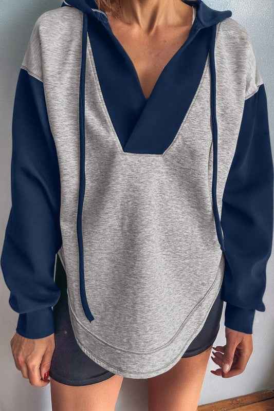 Colorblock Patchwork V-Neck Drawstring Hoodie Light Grey 02b8f65a-9eb3-4200-81ad-eac89e825ac2