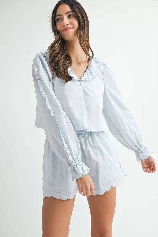 Long Sleeve Scallop Blouse and Shorts Set 02ba8b9b296045b6a2f31f2ede1a97f5-Max-Origin