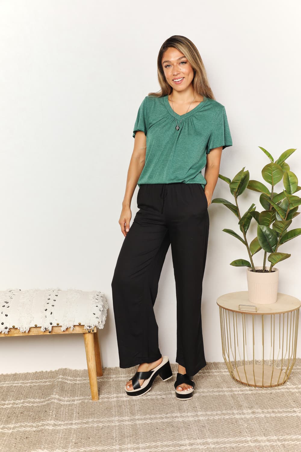 Double Take Ruched V-Neck Short Sleeve T-Shirt 02c336873ee243f7839e21957005e48a-Max