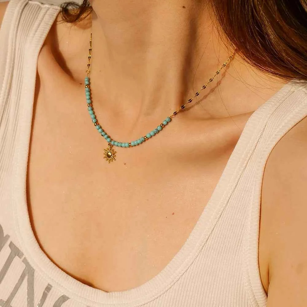 Turquoise Beaded Sun Charm Necklace Gold One Size 02c534c6-6c7c-4402-989f-d355b150add3-Max-Origin
