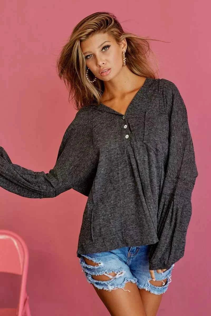 BiBi Textured Knit Hoodie with Buttoned Placket BLACK CHARCOAL 02cddccc-6e38-4c1d-9495-e36db7df7c85-Max-Origin