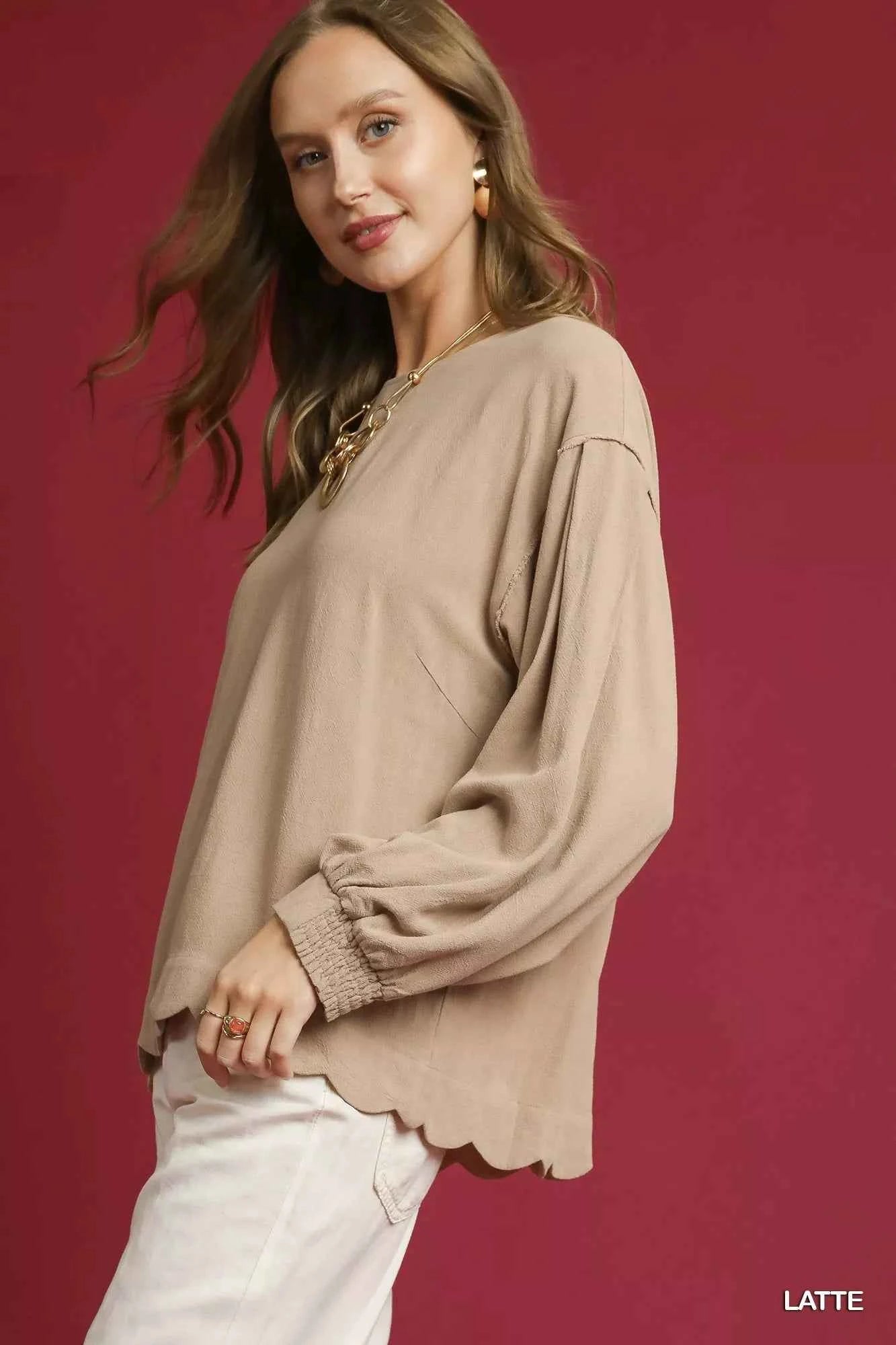 Umgee Linen Scallop Hem Long Sleeve Blouse