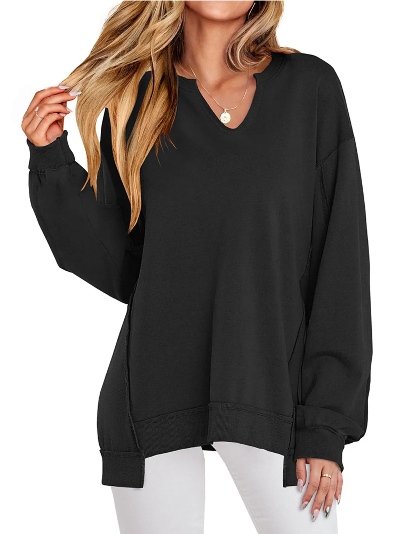 Notched Long Sleeve Oversized Sweatshirt Black 02d3b449a6404d30a4f77eca8353b790-Max-Origin