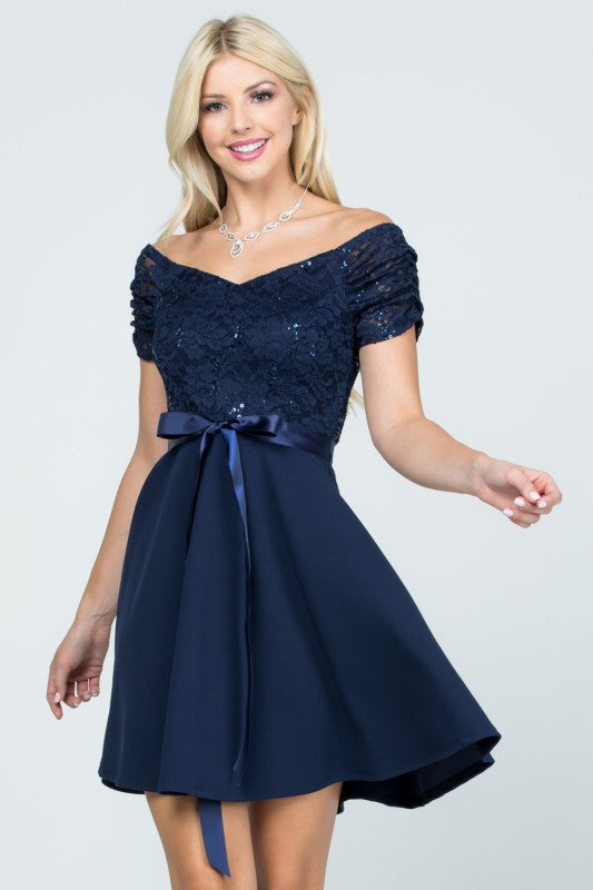 Plus Size Off Shoulder Fit & Flare Dress – Lace Sleeve Party Dress Navy 02d7e107-510c-441c-a96b-1b86c687ecf3
