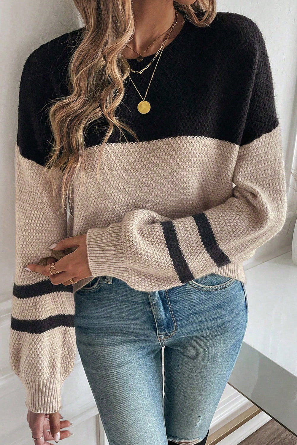 Dark Brown Colorblock Striped Sleeve Detail Knit Sweater 02d955e12b2c101e