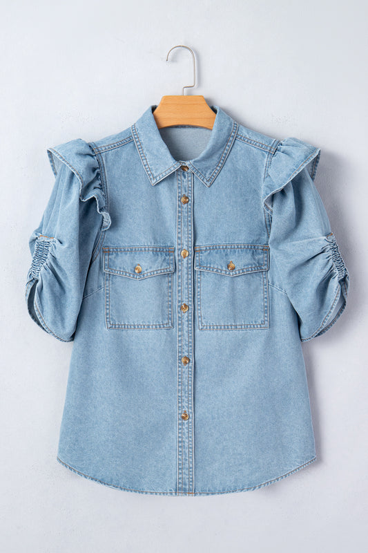 Myosotis Ruffle Detail Short Puff Sleeve Button Down Flap Pocket Denim Shirt 02dc7d6945b6e342