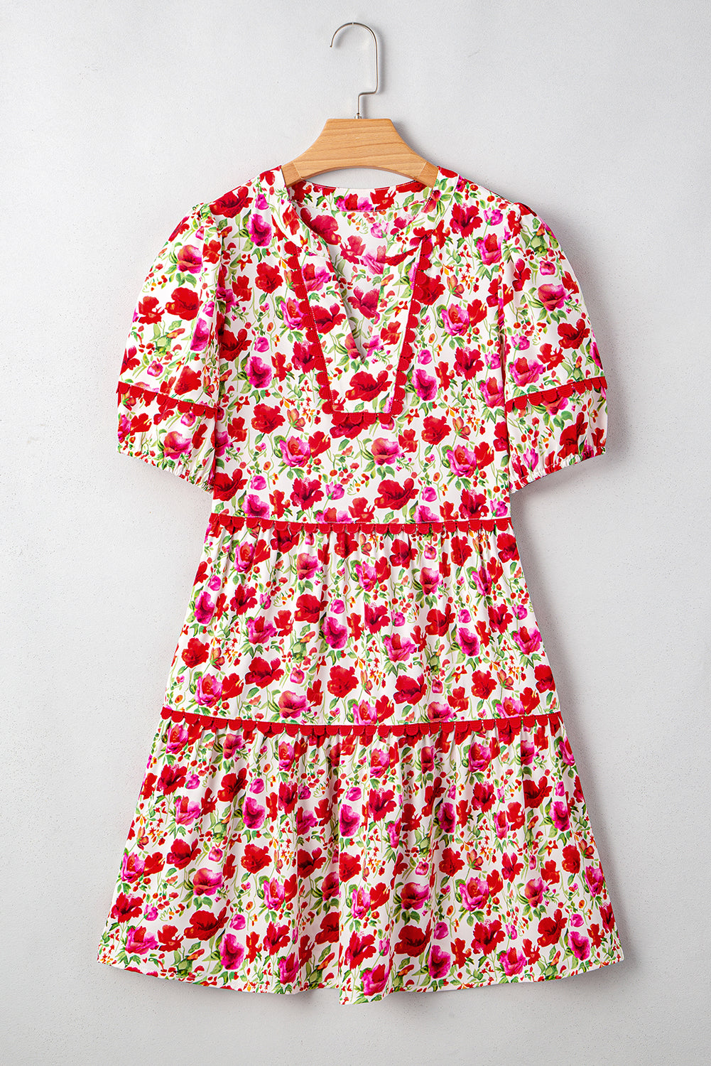 Red Floral Puff Sleeve Tiered Ric Rac Pocketed Mini Dress 02e5c19905f20ddb