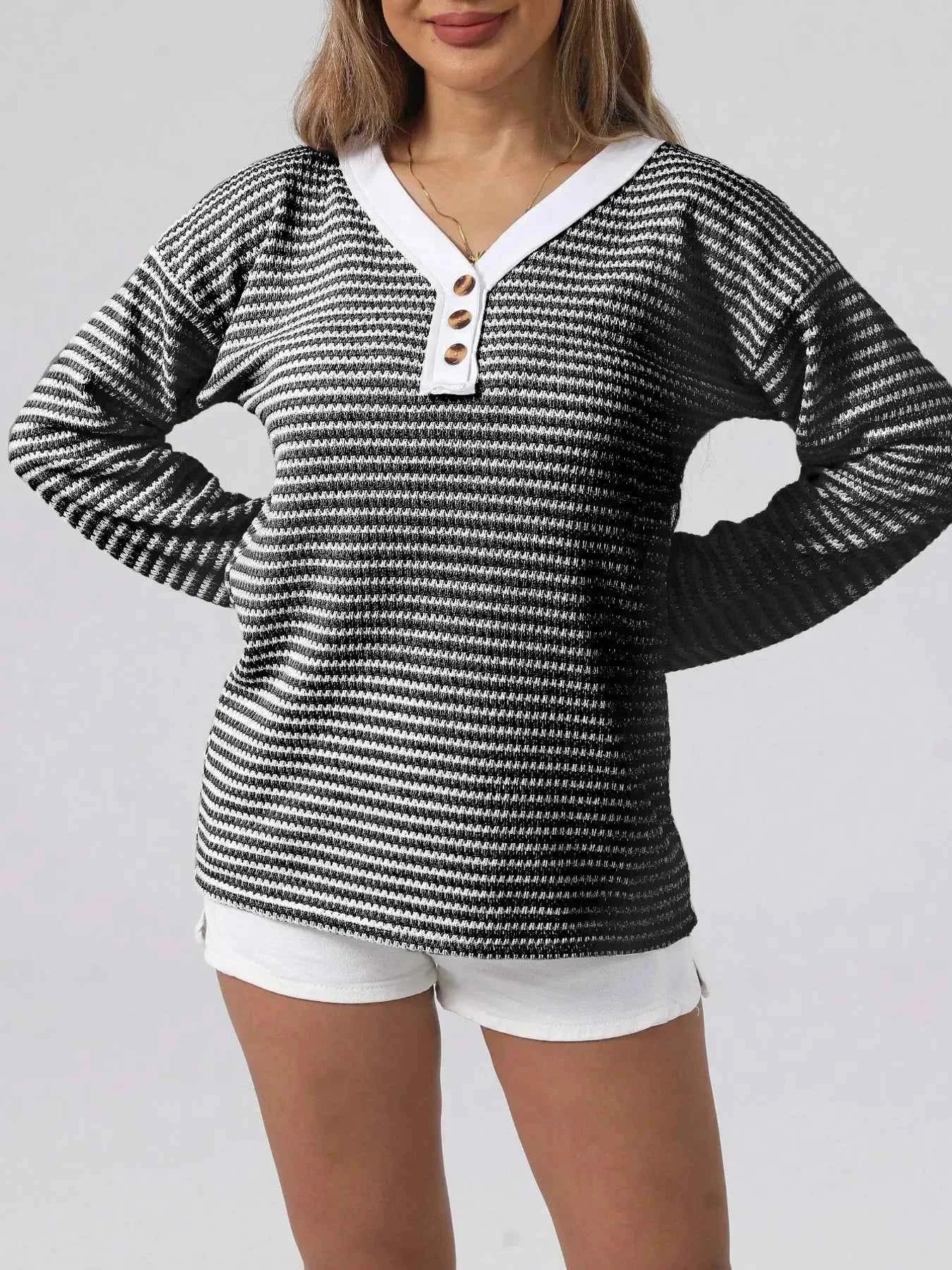 Striped Button Detail Long Sleeve Top Gray 02ee2c0c0dd247e09eb4ac98a95a50ad-Max-Origin