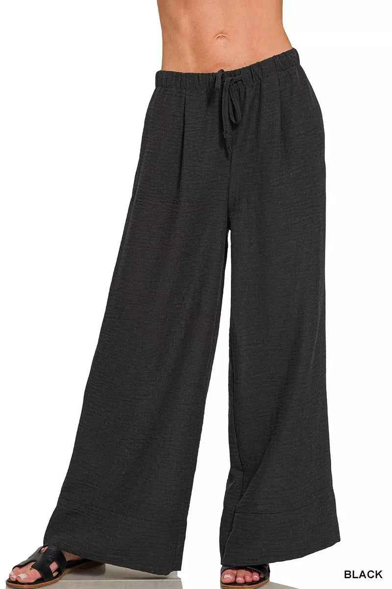 Zenana Woven Airflow Drawstring Pants BLACK 02efaae941e549219024c92292cf7489-Max-Origin