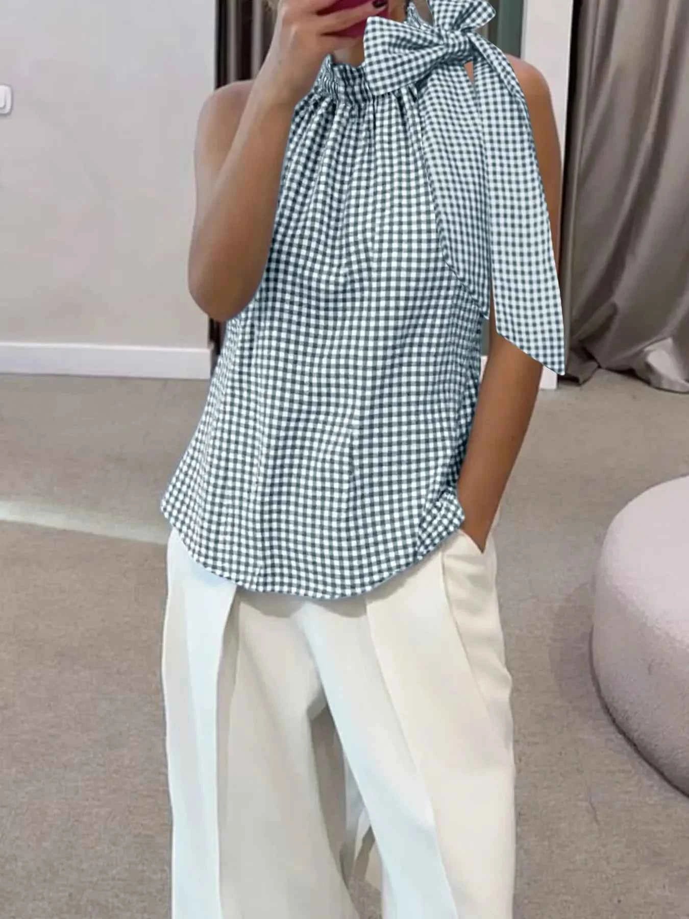 Asymmetric Gingham Bow Tie Sleeveless Top 02f0f9d5-b7c3-4158-be66-5f56ff856aeb-Max-Origin