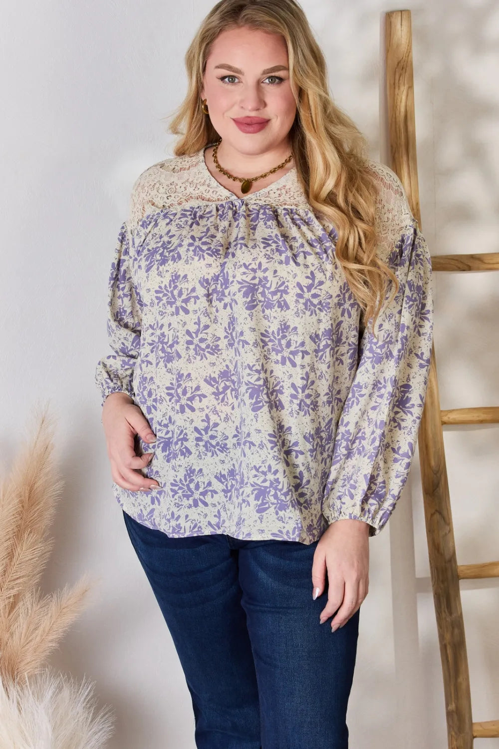 Hailey & Co Full Size Lace Detail Printed Blouse 02f4be17-4903-46db-a18b-9bd2d67ea188-Max