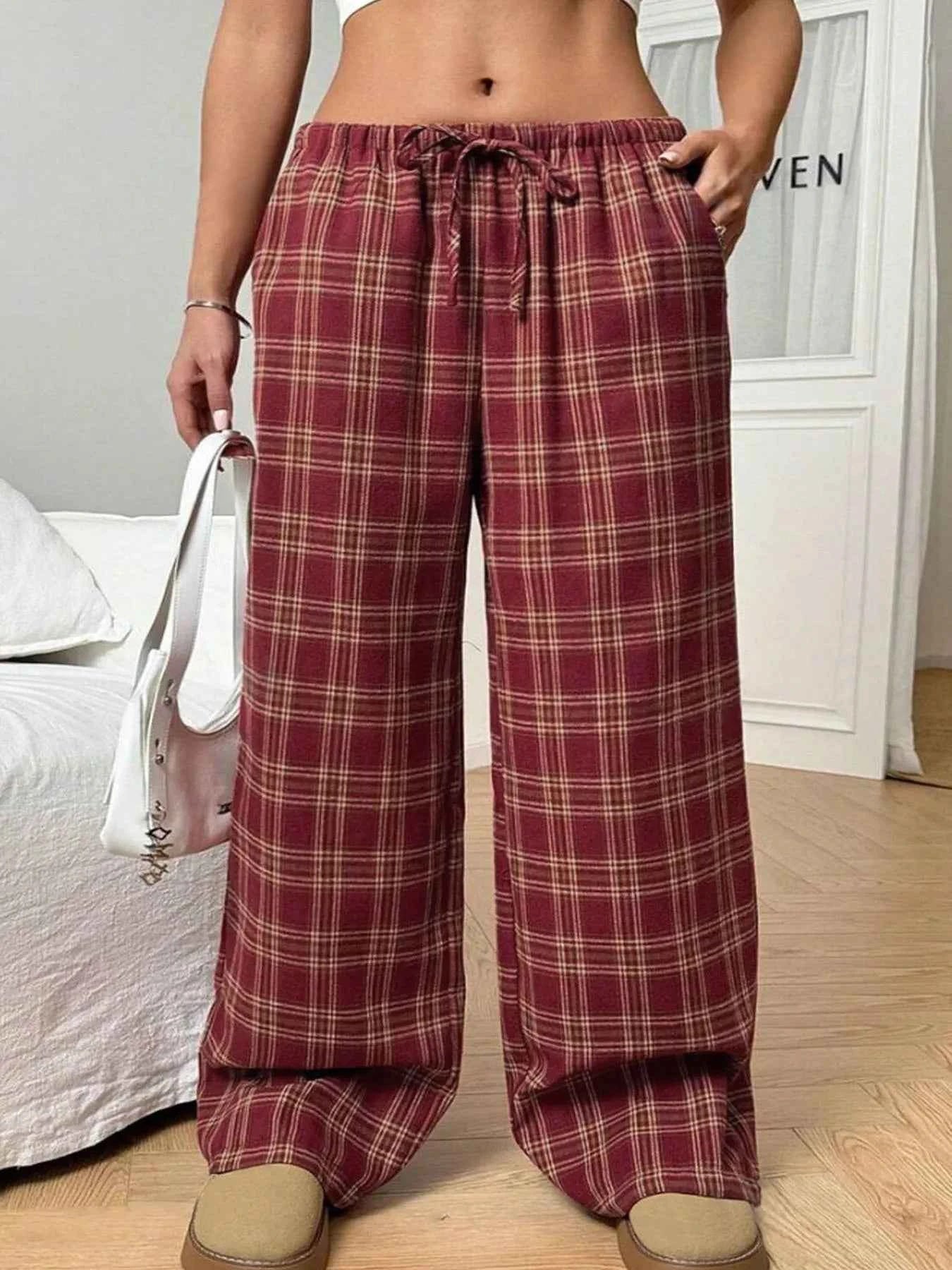 Plaid Wide Leg Drawstring Pants 02fec60b959547429b69fc15e9250bbf-Max-Origin