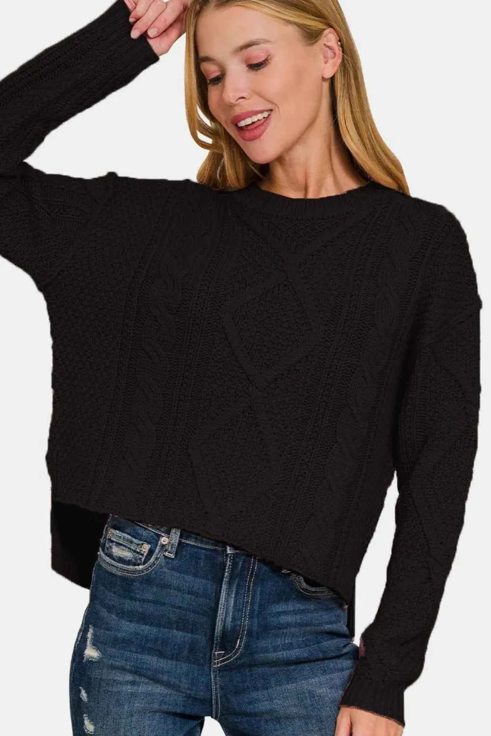 Zenana Cropped High Low Cable Sweater with Side Slits 02ff646b-29ef-4c26-82f0-0a08a573c77f-Max