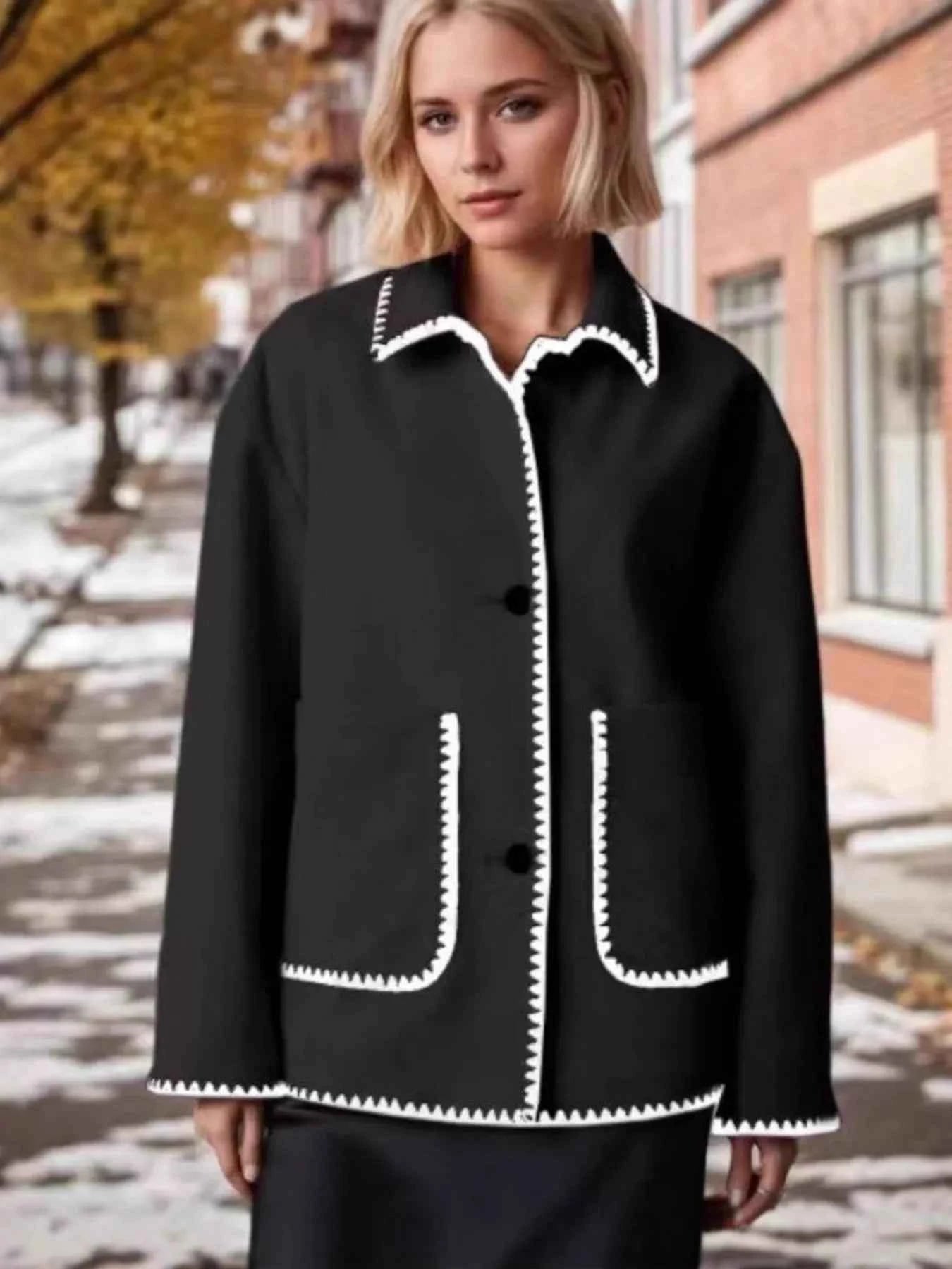 Contrast Trim Drop Shoulder Outerwear Black 0307787dd39b42c1ad2d9cdeb0aa618f-Max-Origin