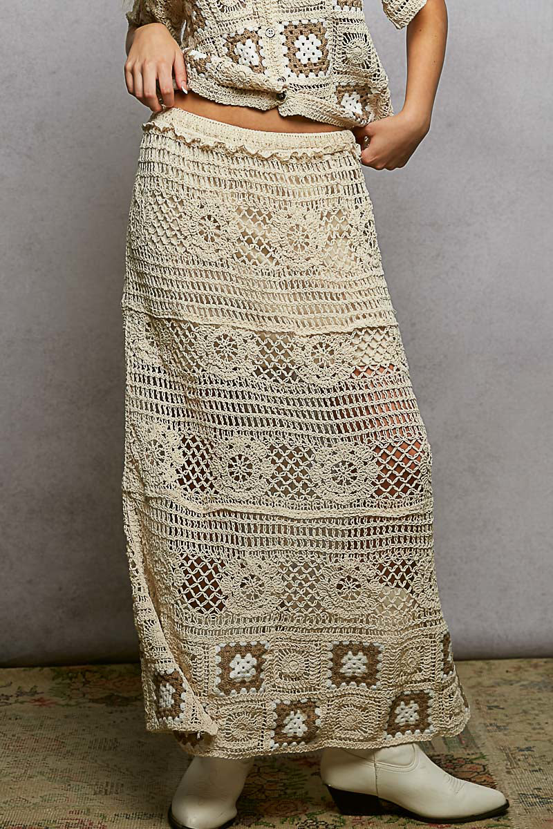 POL Floral Crochet Ruffled Waistband Maxi Skirt with Granny Square Weave NATURAL CAMEL One Size 030f2627-36e5-40de-9bb1-b6913f3f8201-Max