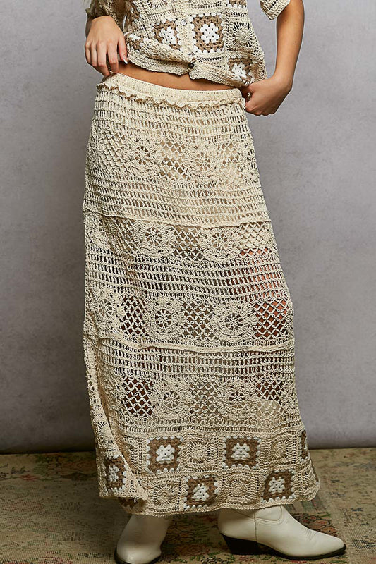 POL Floral Crochet Ruffled Waistband Maxi Skirt with Granny Square Weave NATURAL CAMEL One Size 030f2627-36e5-40de-9bb1-b6913f3f8201-Max