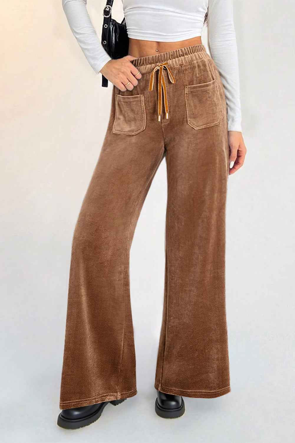 Coffee Straight Loose Drawstring Elastic High Waist Fleece Pants 0316622328ddcde1