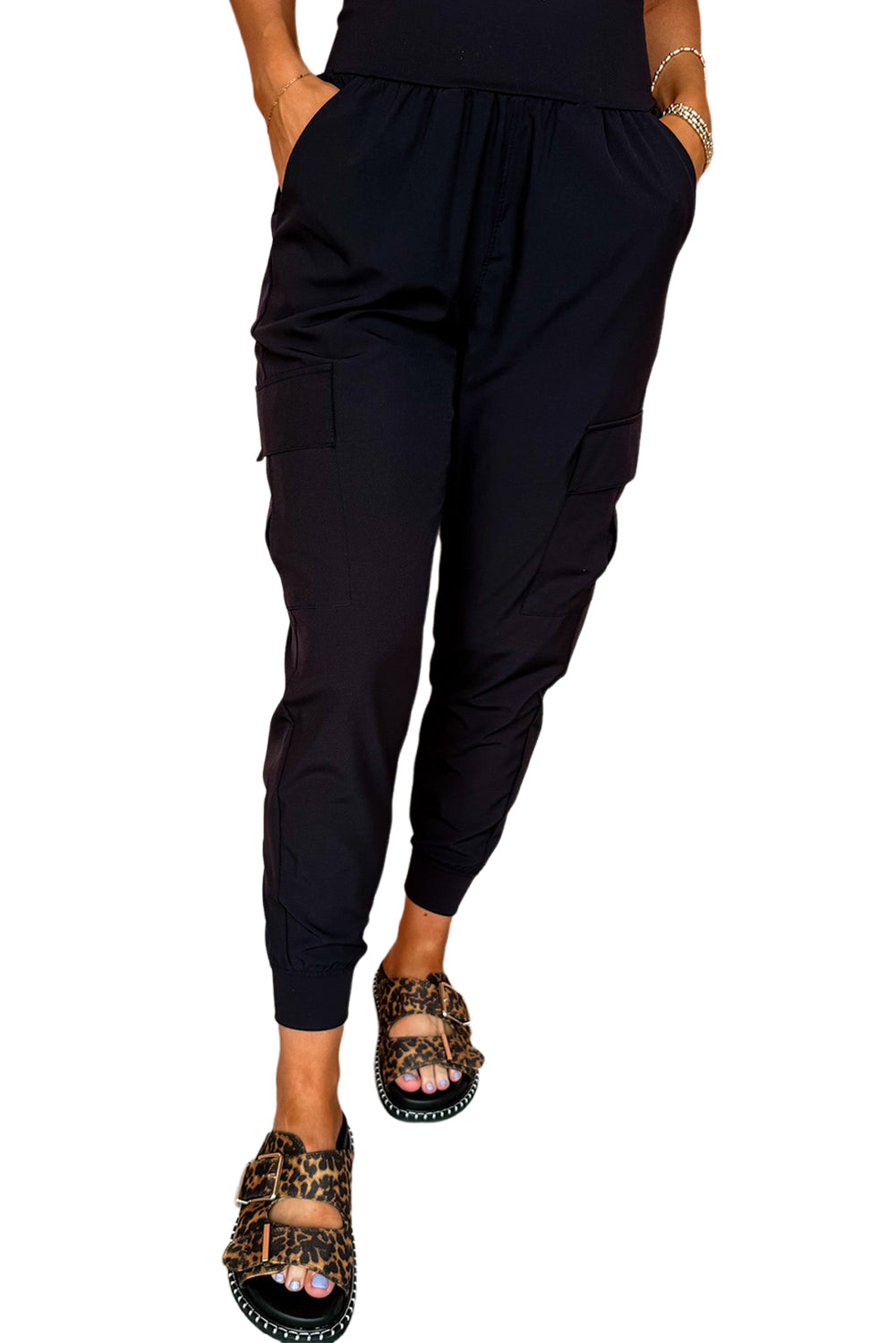 Black Elastic High Waist Pocketed Cargo Jogger Pants 03198b7f22e2da25