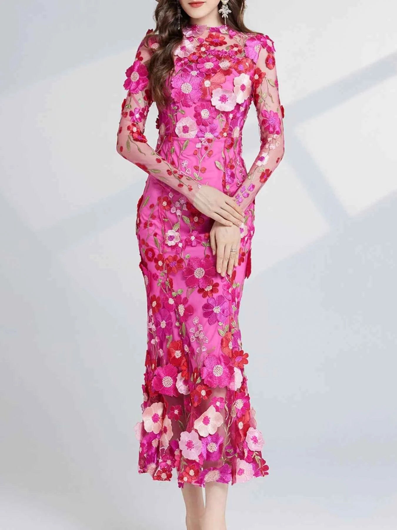 Floral Embroidered Mesh Long Sleeve Midi Dress 031b2343-aca3-403a-a643-e784d35512aa-Max-Origin