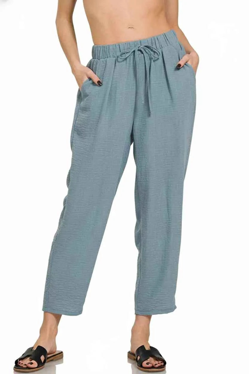 Zenana Woven Crepe Elastic Band Waist Pants 031c5ca8-ad9e-4ad0-ab0a-7c4496f8616f-Max-Origin