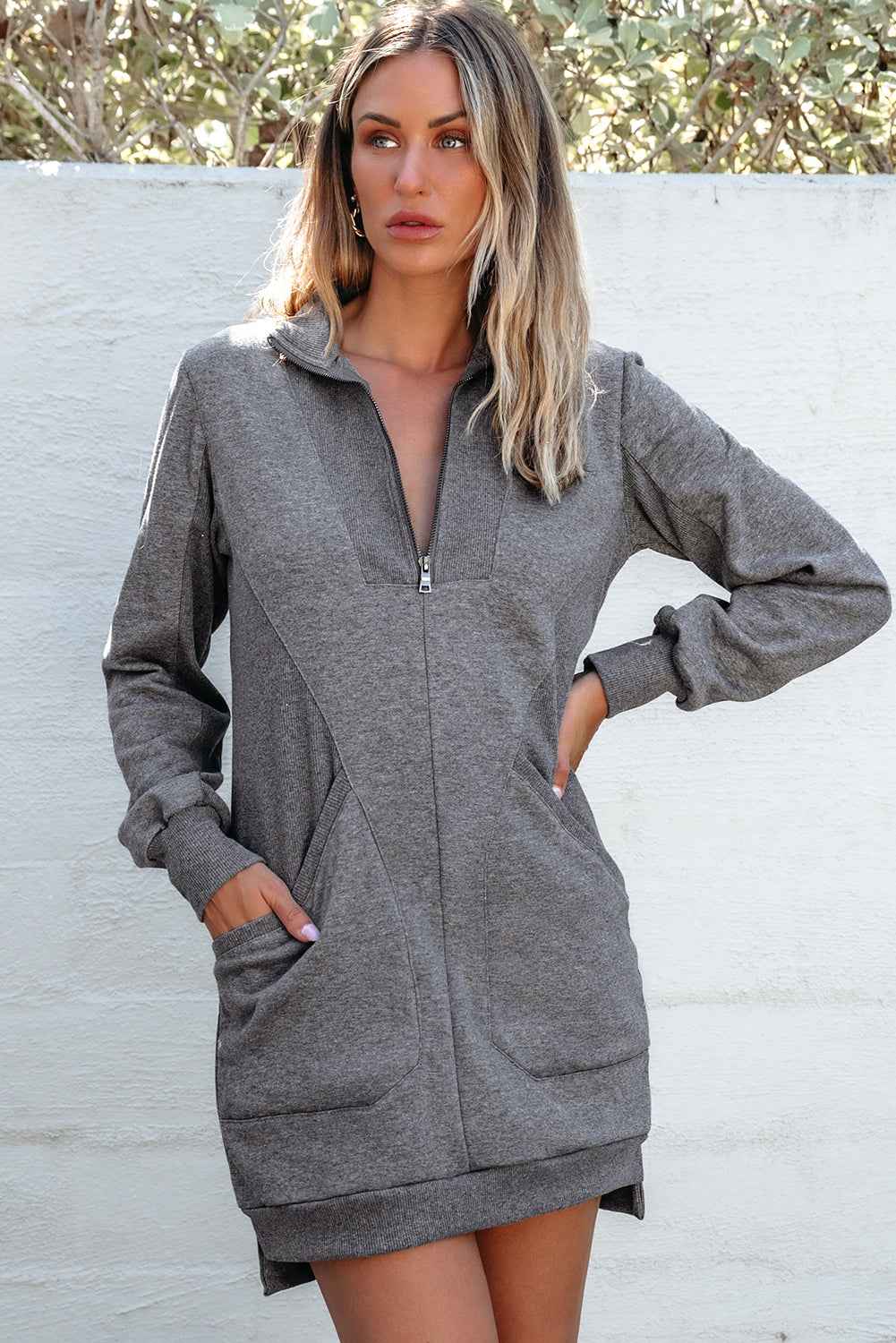 Ivy Zip up Collared Ribbed Patchwork Sweatshirt Dress with Pockets Dark Grey 50%Polyester+50%Cotton 031c681265c0c71d