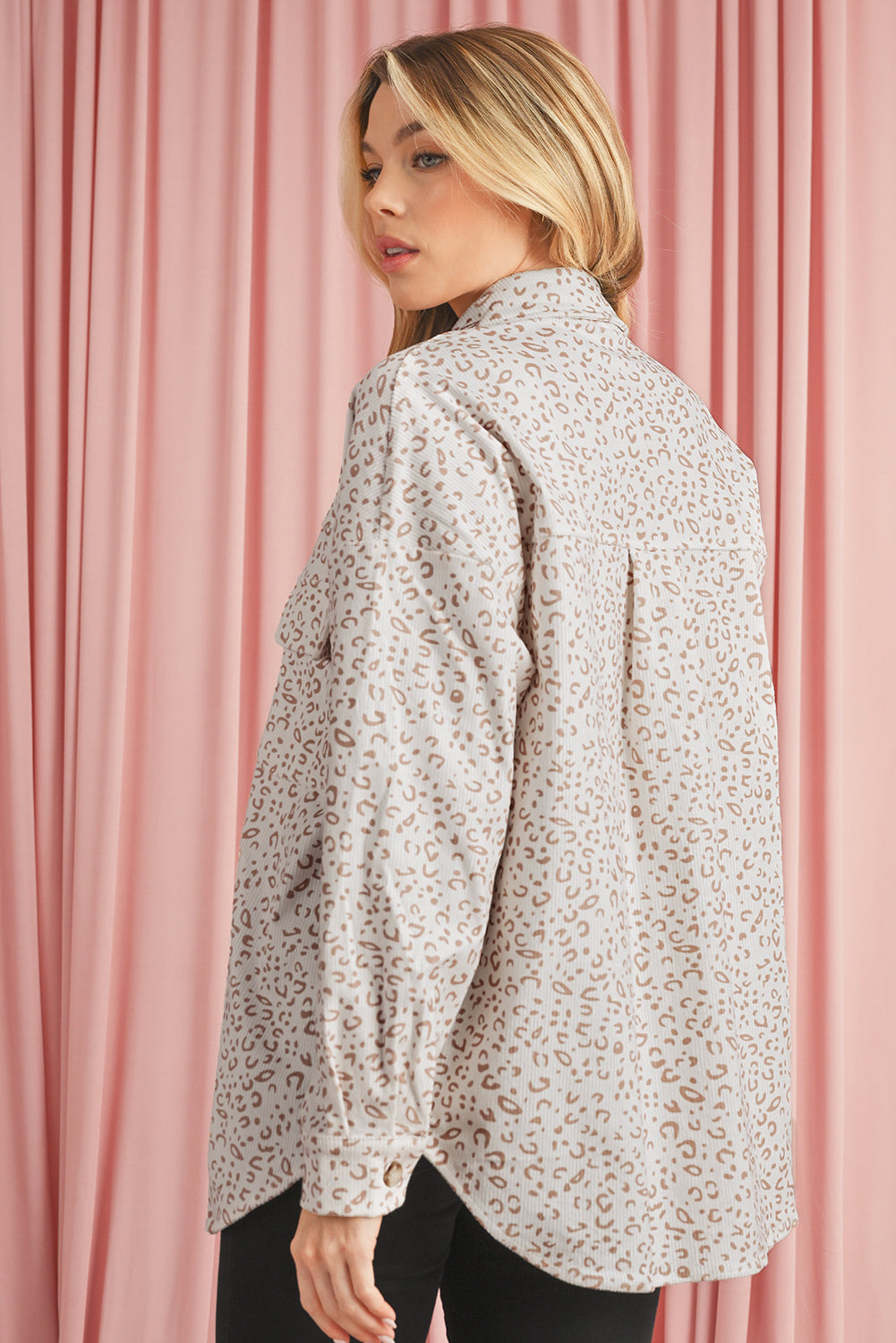 Beige Leopard Print Flap Pockets Buttoned Corduroy Shacket 031e214a1a2b7680