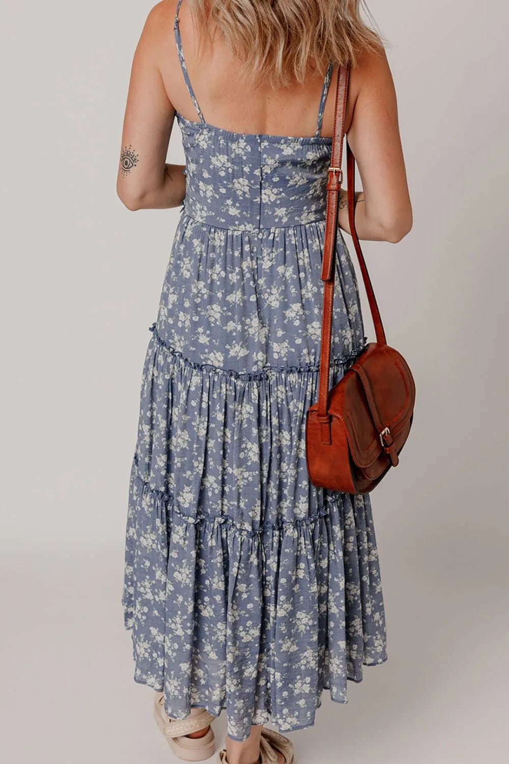 Floral Spaghetti Strap Frilled V Neck Tiered Midi Dress 031e23a0-c6f1-4803-867e-e5bb76cb88aa-Max