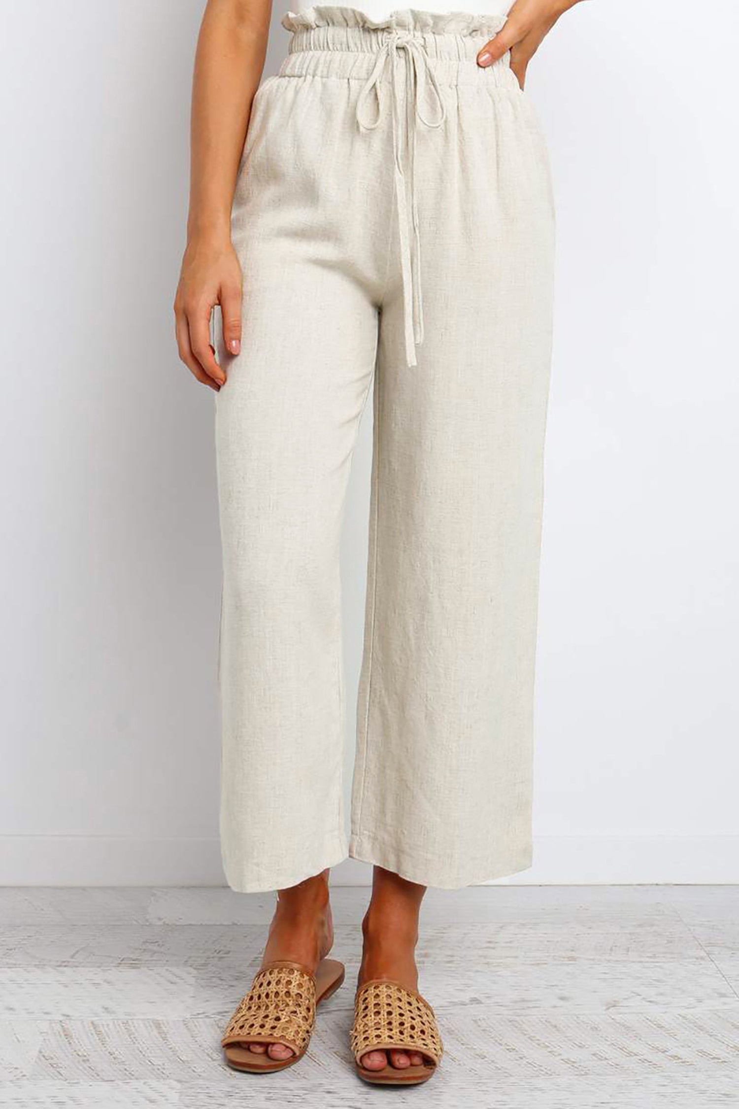 Khaki Paperbag Waist Straight Leg Cropped Pants 0324df9ddda51186
